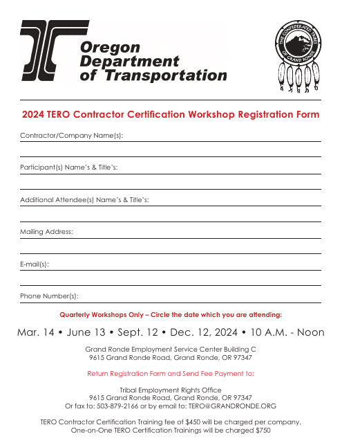 TERO Contractor Certification Workshop Registration Form - Oregon, 2024