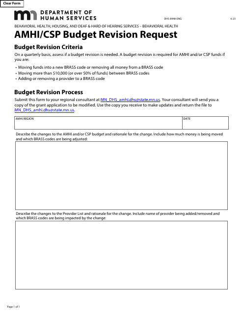 Form DHS-8448-ENG Amhi/CSP Budget Revision Request - Minnesota