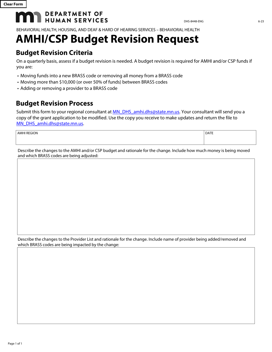Form DHS-8448-ENG Amhi / CSP Budget Revision Request - Minnesota, Page 1