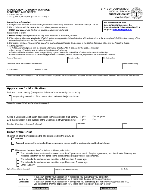 Form JD-CR-68 Application to Modify (Change) Sentence and Order - Connecticut