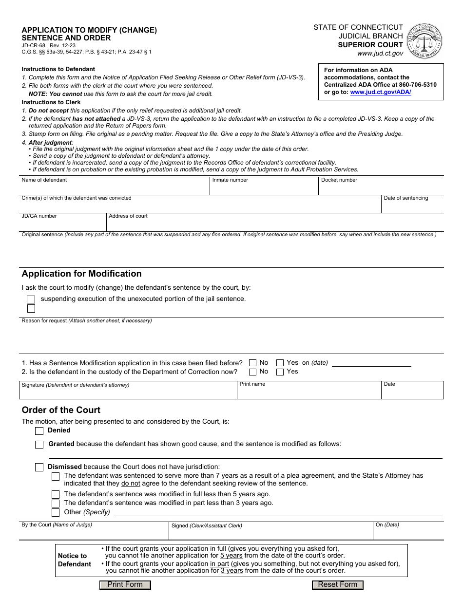 Form JD-CR-68 Download Fillable PDF or Fill Online Application to ...