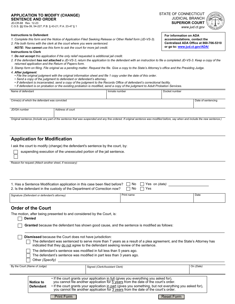Form JD-CR-68 Application to Modify (Change) Sentence and Order - Connecticut, Page 1