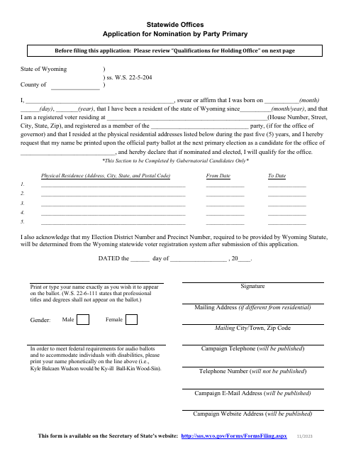 Application for Nomination by Party Primary - Statewide Offices - Wyoming Download Pdf