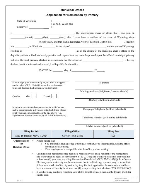 Application for Nomination by Primary - Municipal Offices - Wyoming Download Pdf