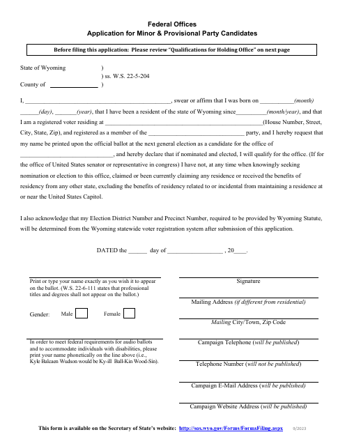 Application for Minor & Provisional Party Candidates - Federal Offices - Wyoming Download Pdf