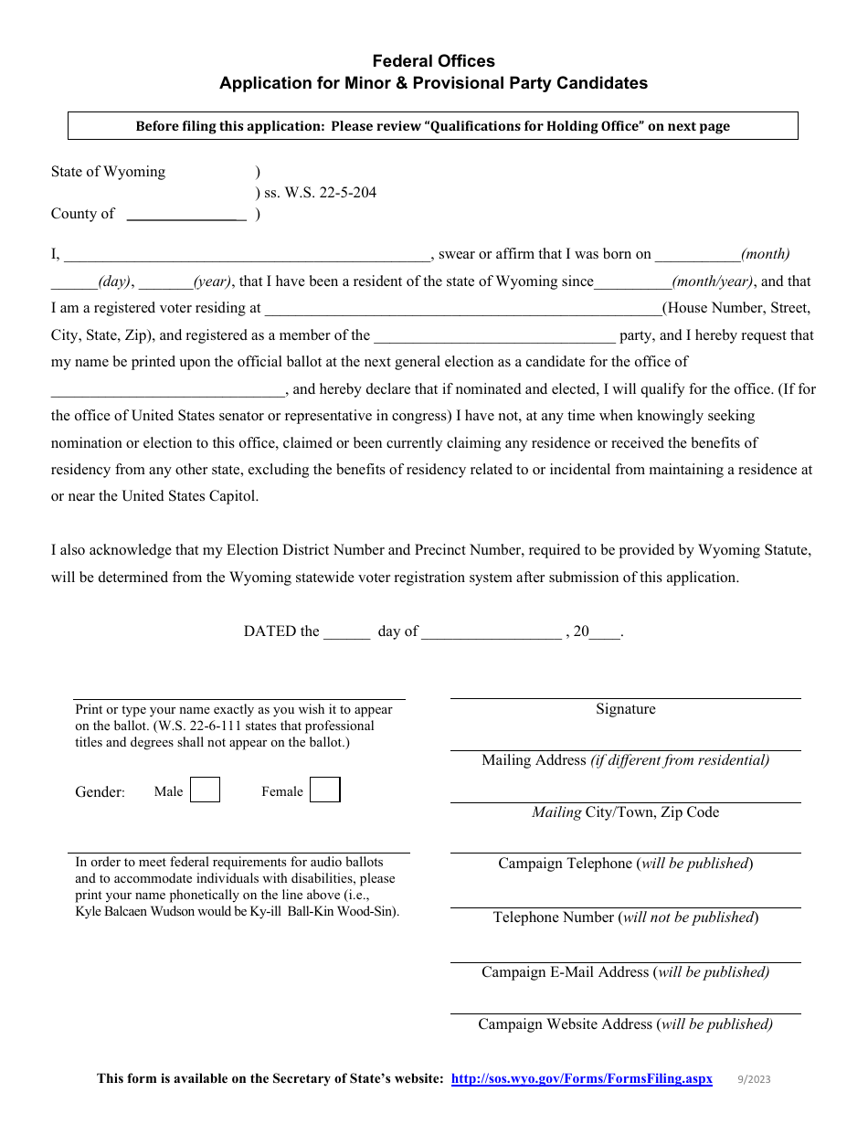 Application for Minor  Provisional Party Candidates - Federal Offices - Wyoming, Page 1