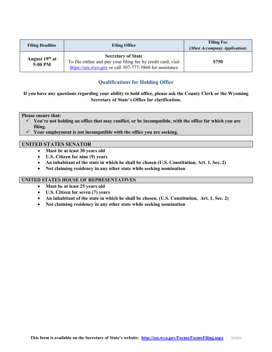 Application for Minor  Provisional Party Candidates - Federal Offices - Wyoming, Page 2
