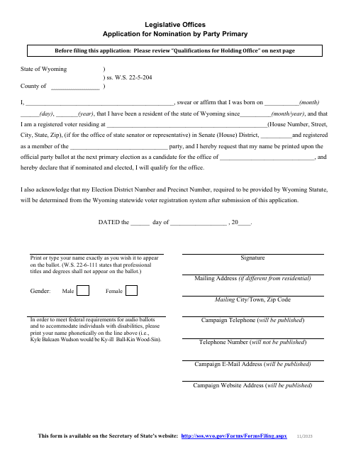 Application for Nomination by Party Primary - Legislative Offices - Wyoming Download Pdf