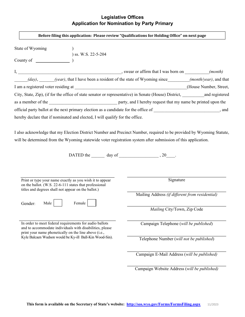 Application for Nomination by Party Primary - Legislative Offices - Wyoming, Page 1