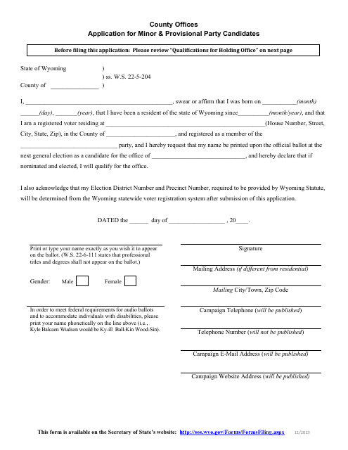 Application for Minor & Provisional Party Candidates - County Offices - Wyoming