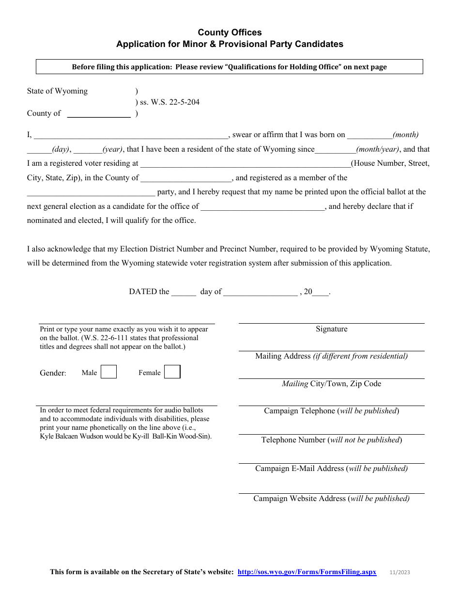 Application for Minor  Provisional Party Candidates - County Offices - Wyoming, Page 1