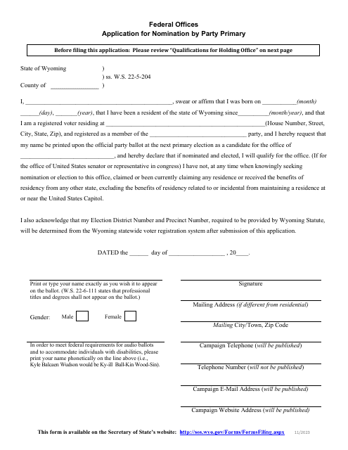Application for Nomination by Party Primary - Federal Offices - Wyoming Download Pdf
