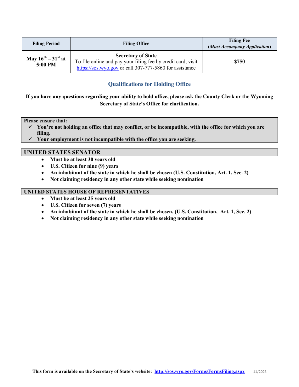 Application for Nomination by Party Primary - Federal Offices - Wyoming, Page 2