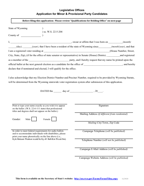 Application for Minor & Provisional Party Candidates - Legislative Offices - Wyoming Download Pdf