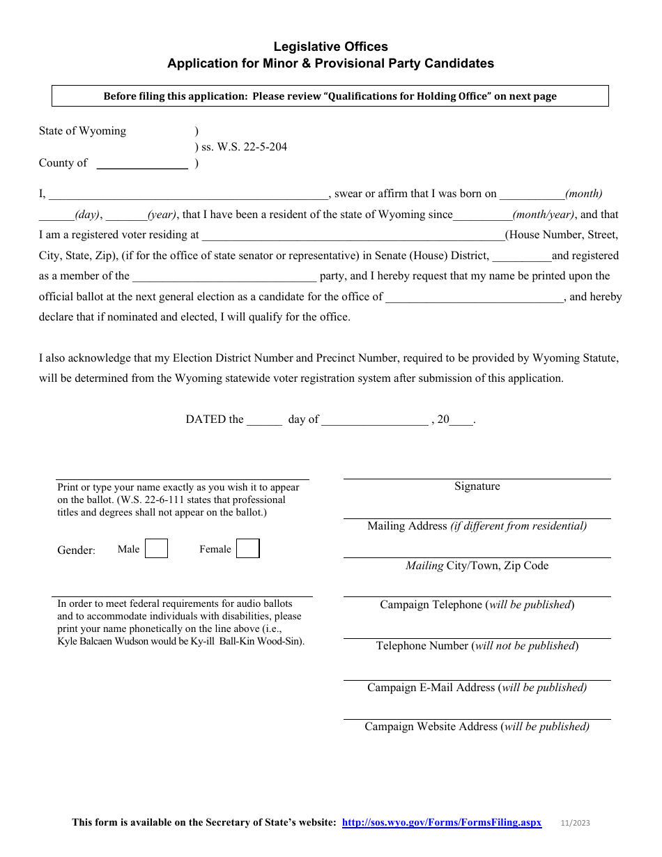 Application for Minor  Provisional Party Candidates - Legislative Offices - Wyoming, Page 1