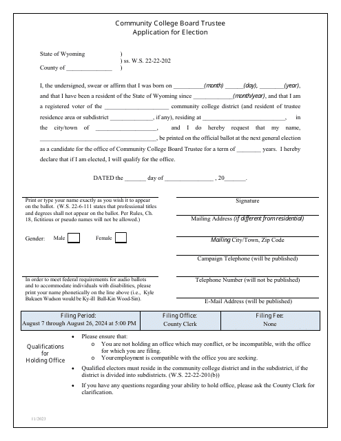 Community College Board Trustee Application for Election - Wyoming Download Pdf