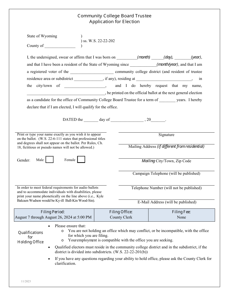 Community College Board Trustee Application for Election - Wyoming, Page 1