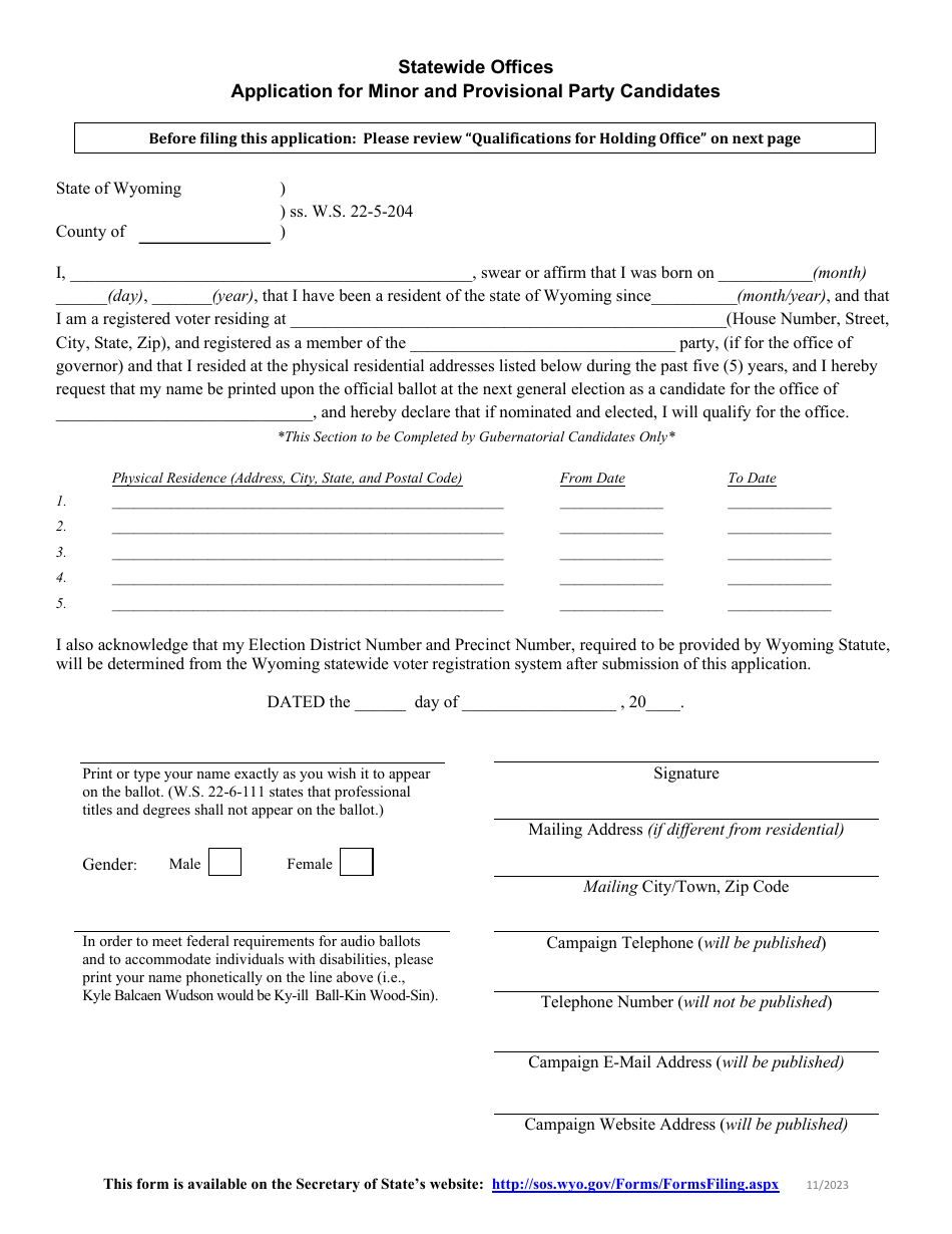 Application for Minor and Provisional Party Candidates - Statewide Offices - Wyoming, Page 1