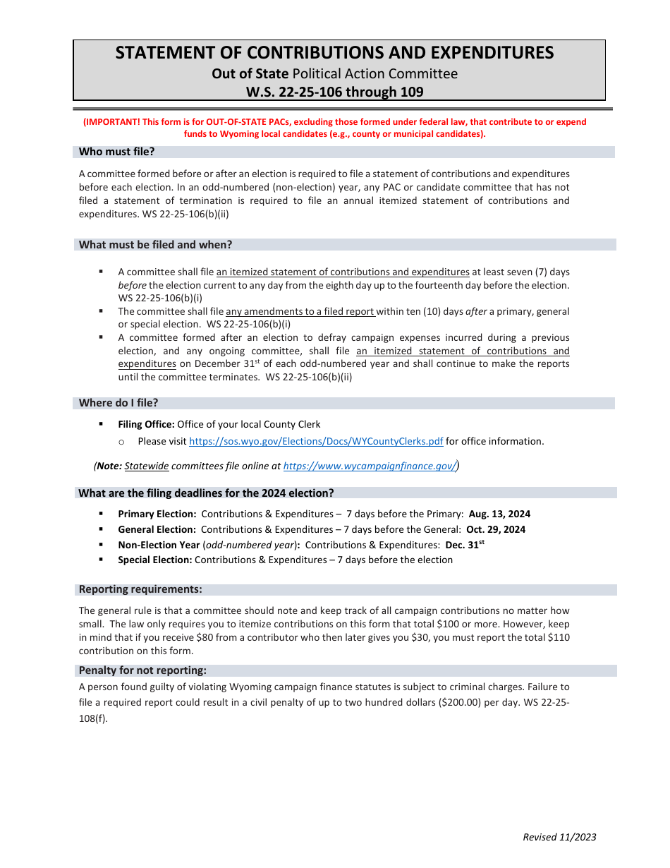 Statement of Contributions and Expenditures - out of State Political Action Committee - Wyoming, Page 1