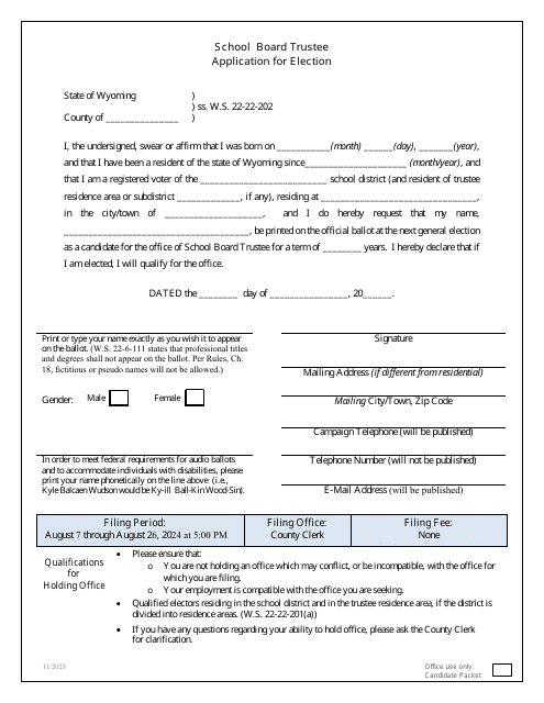 Application for Election - School Board Trustee - Wyoming