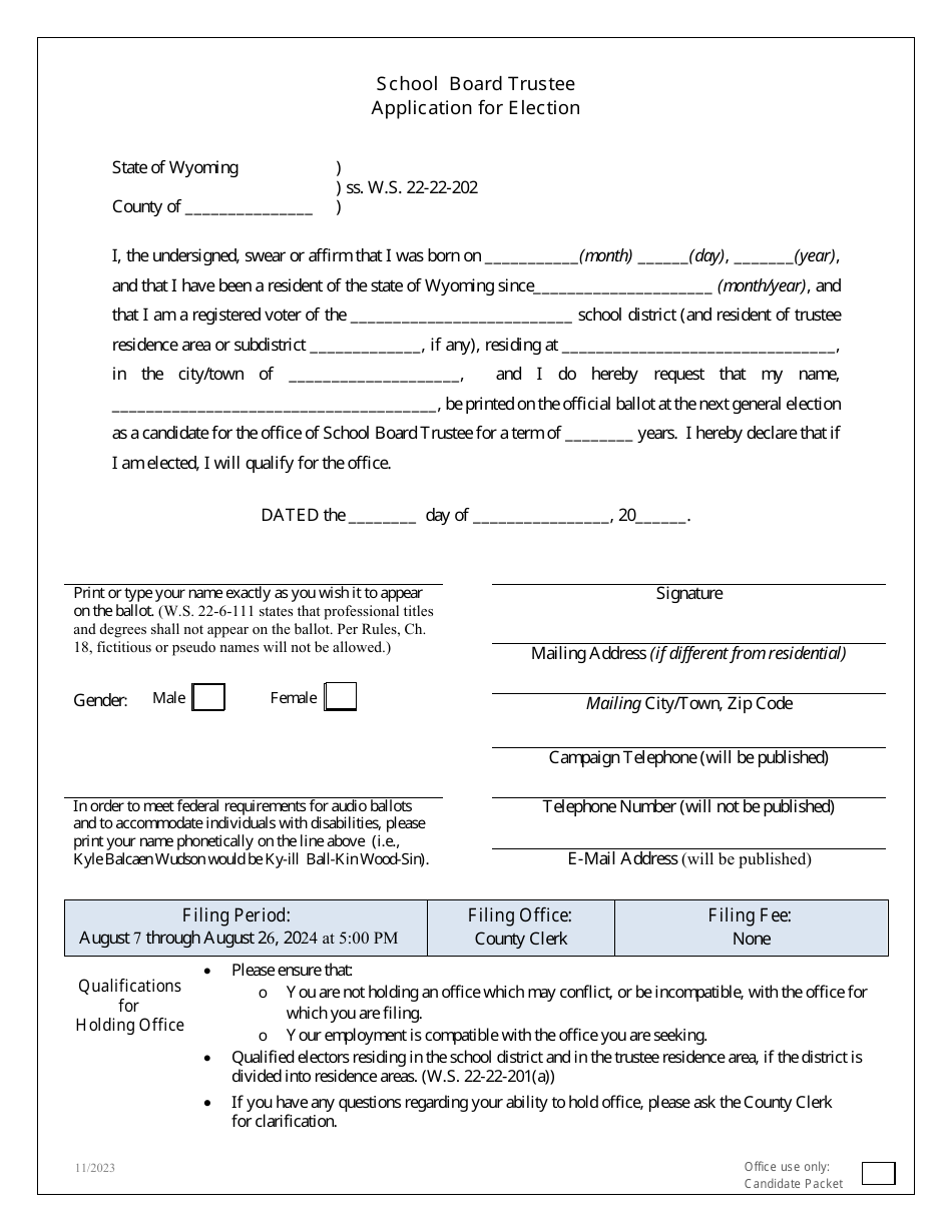Application for Election - School Board Trustee - Wyoming, Page 1