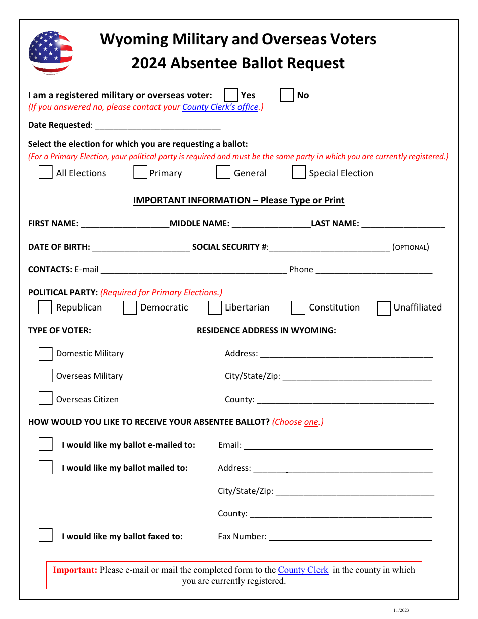 Wyoming Military and Overseas Voters Absentee Ballot Request - Wyoming, Page 1