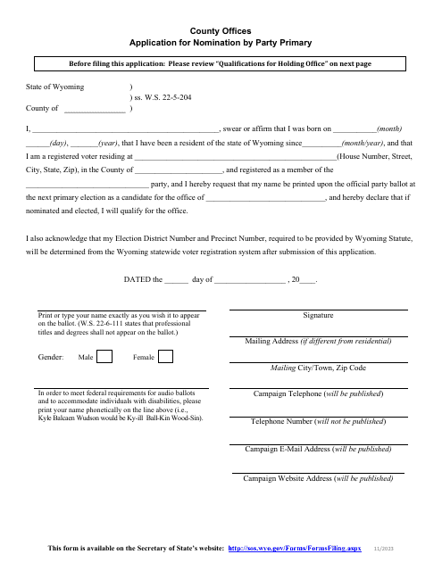 Application for Nomination by Party Primary - County Offices - Wyoming Download Pdf