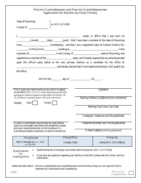 Application for Election by Party Primary - Precinct Committeemen and Precinct Committeewomen - Wyoming Download Pdf