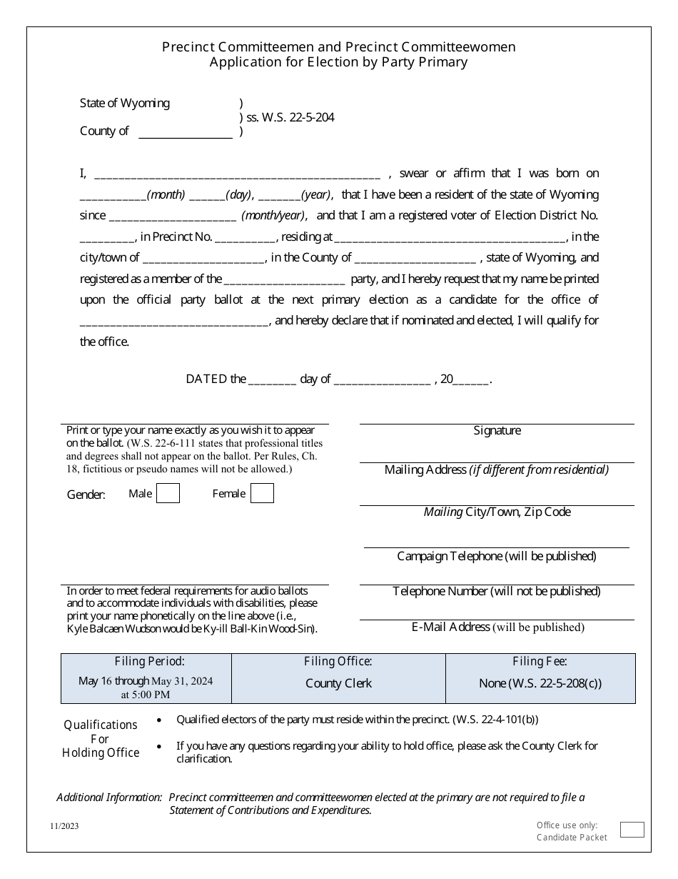 Application for Election by Party Primary - Precinct Committeemen and Precinct Committeewomen - Wyoming, Page 1