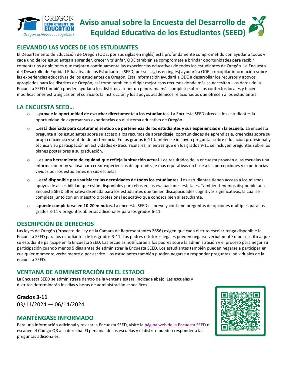 Formulario De Participacion En La Encuesta Seed - Oregon (Spanish), Page 1
