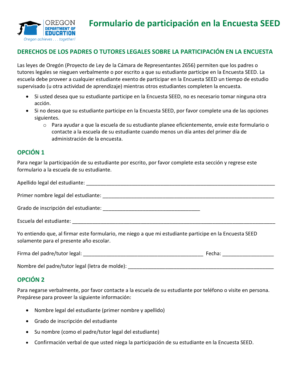 Formulario De Participacion En La Encuesta Seed - Oregon (Spanish), Page 2