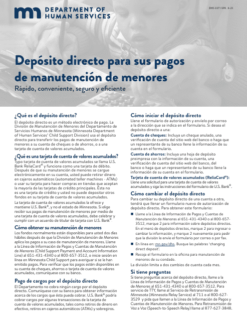 Formulario DHS-3371-SPA Formulario De Autorizacion De Deposito Directo De Manutencion De Menores - Minnesota (Spanish)