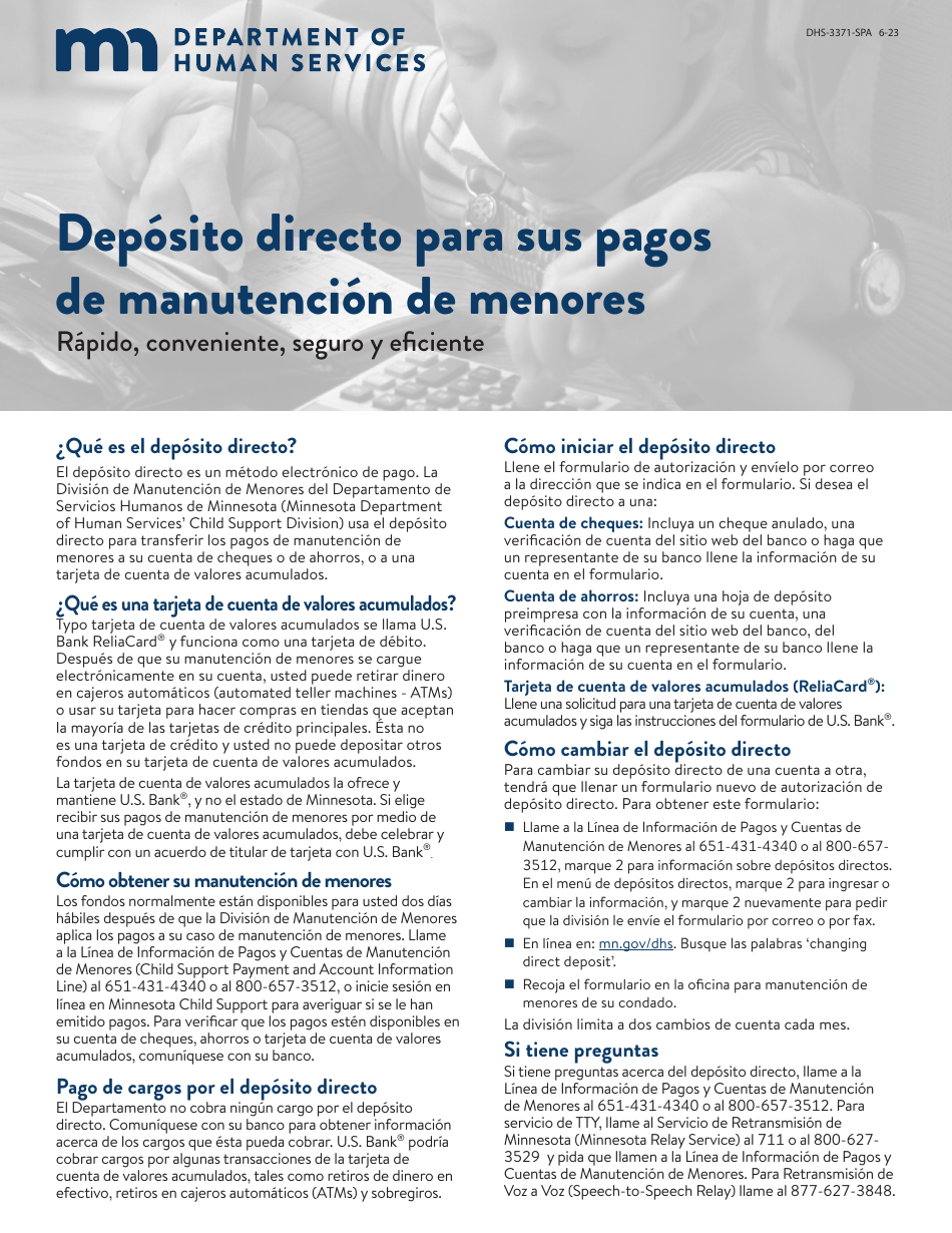 Formulario DHS-3371-SPA Formulario De Autorizacion De Deposito Directo De Manutencion De Menores - Minnesota (Spanish), Page 1