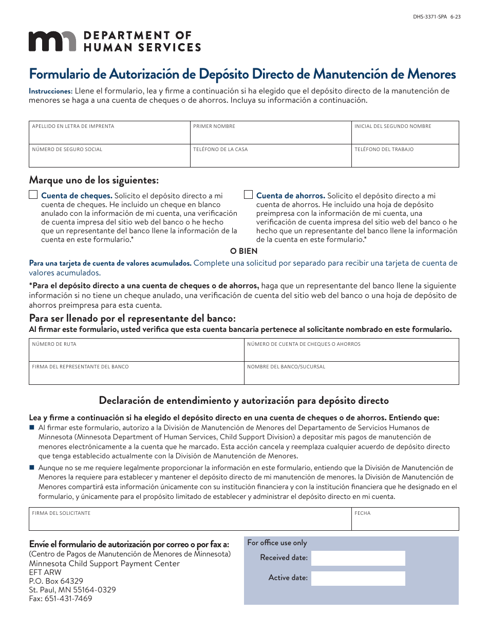 Formulario DHS-3371-SPA Formulario De Autorizacion De Deposito Directo De Manutencion De Menores - Minnesota (Spanish), Page 3