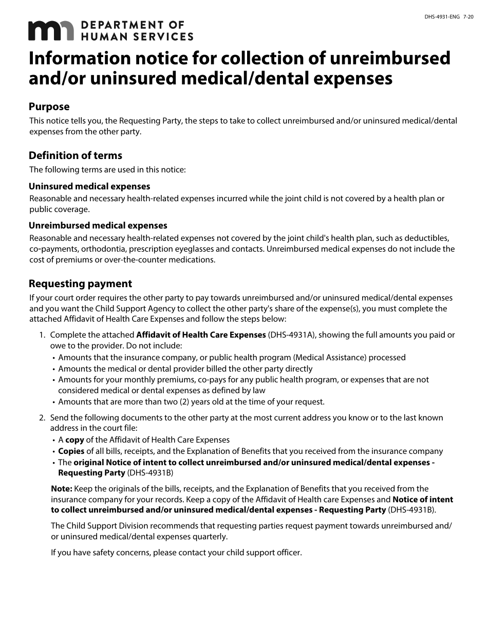 Form DHS-4931-ENG Unreimbursed and / or Uninsured Medical / Dental Expenses Packet - Minnesota, Page 1