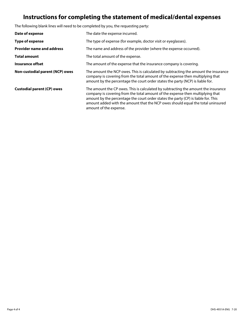Form DHS-4931-ENG Unreimbursed and / or Uninsured Medical / Dental Expenses Packet - Minnesota, Page 8