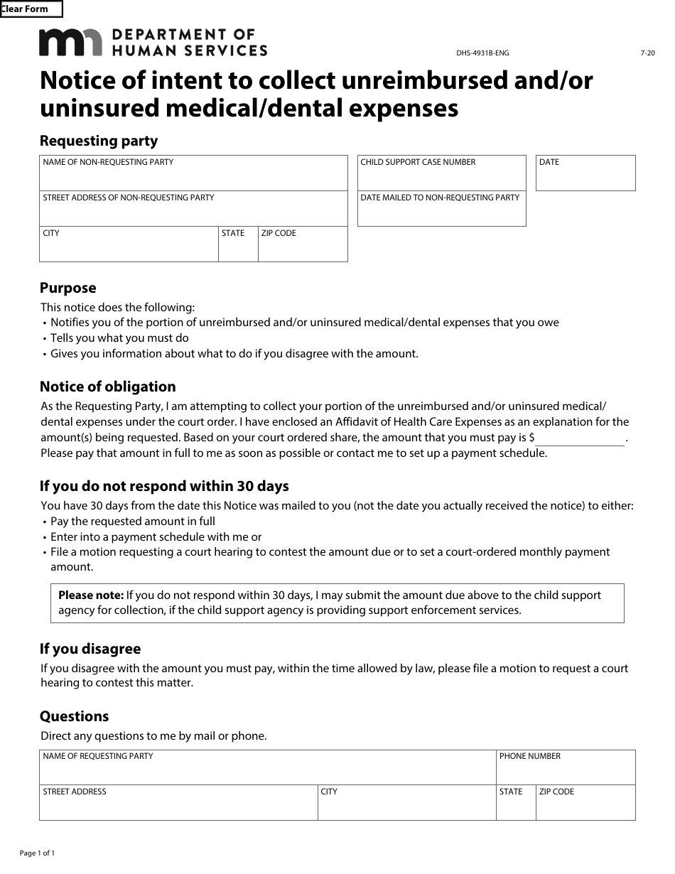 Form DHS-4931-ENG Unreimbursed and / or Uninsured Medical / Dental Expenses Packet - Minnesota, Page 9