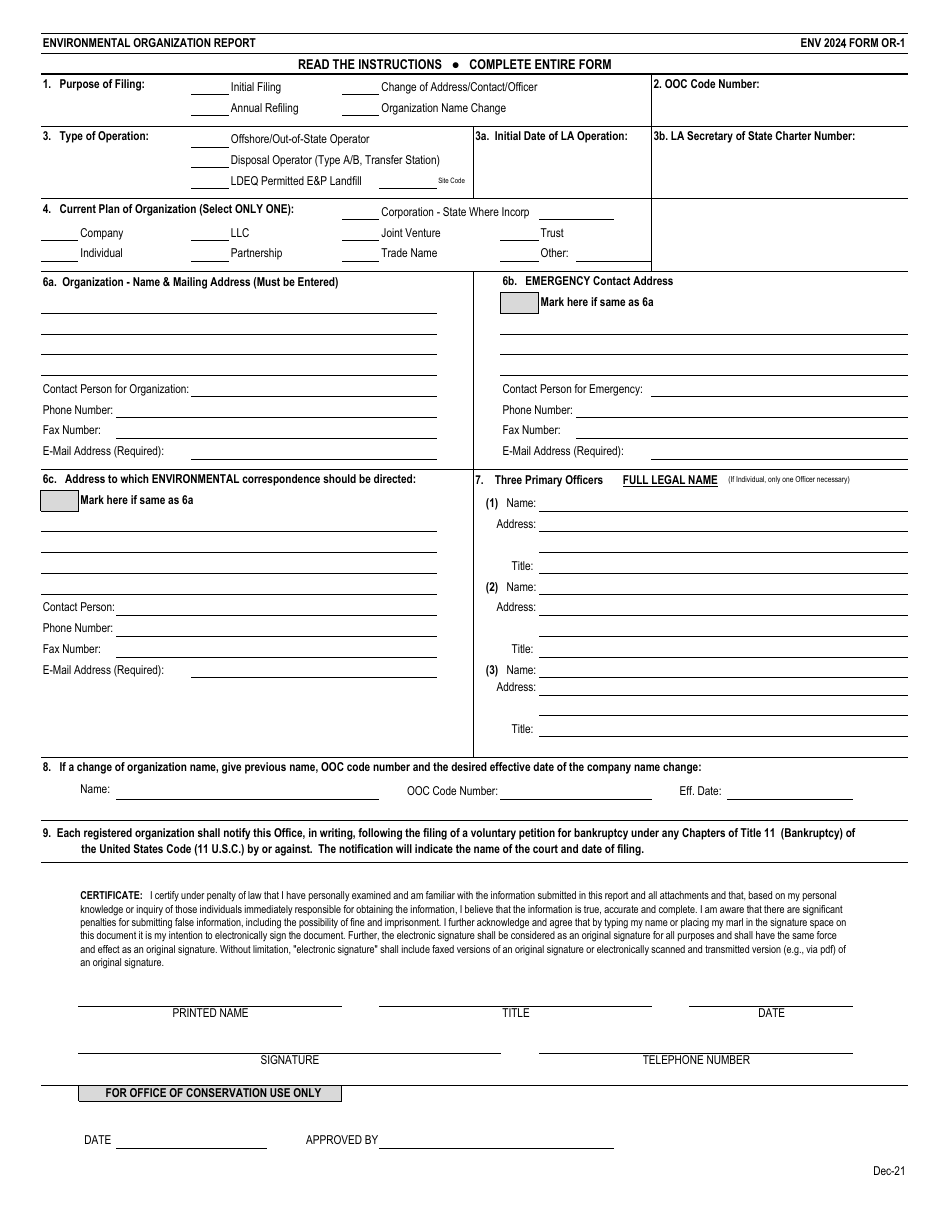 ENV Form OR-1 Organizational Report - Offshore / Out-of-State Operators and Commercial Disposal Facility Operators Only - Louisiana, Page 1