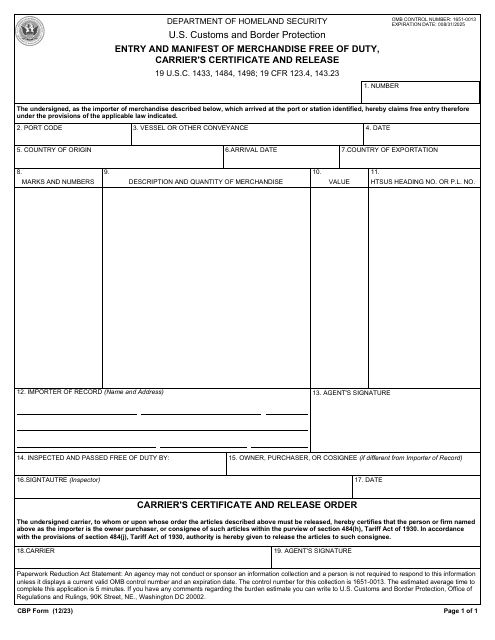 CBP Form 7523 Download Fillable PDF or Fill Online Entry and Manifest ...