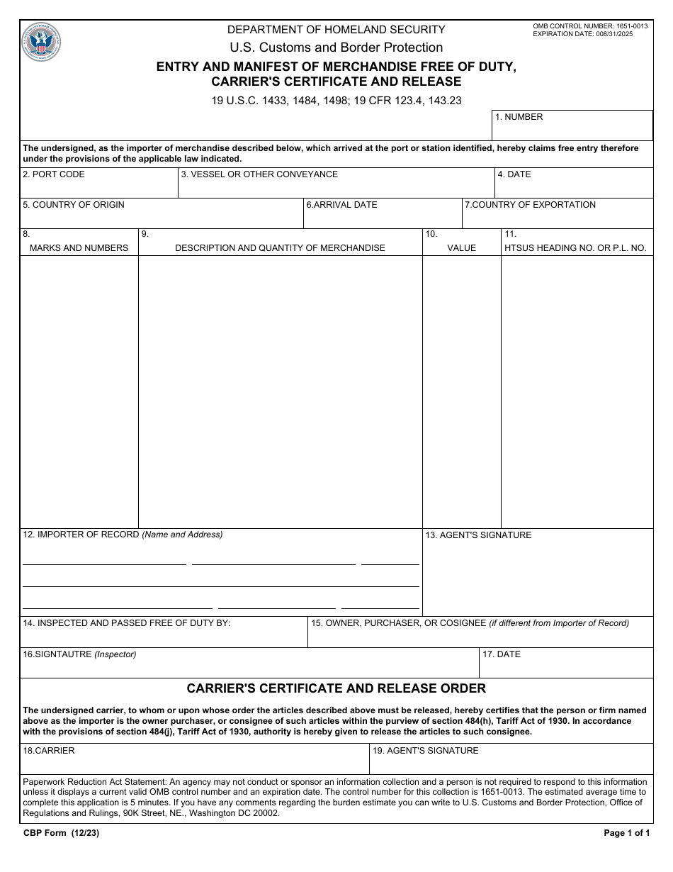 CBP Form 7523 Download Fillable PDF or Fill Online Entry and Manifest ...