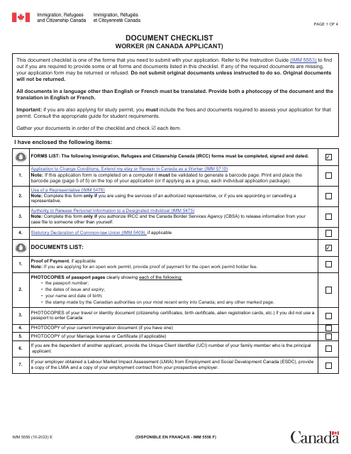 Form IMM5556 Document Checklist - Worker (In Canada Applicant) - Canada