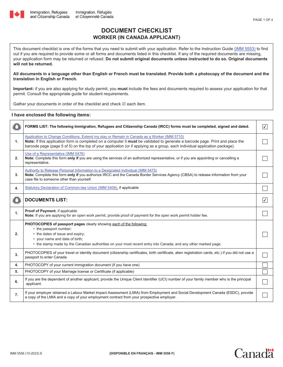 Form IMM5556 Document Checklist - Worker (In Canada Applicant) - Canada, Page 1