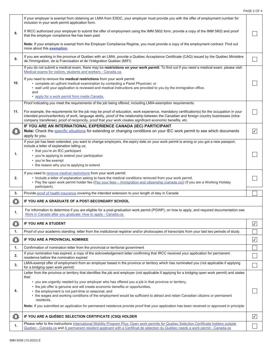 Form IMM5556 Document Checklist - Worker (In Canada Applicant) - Canada, Page 2