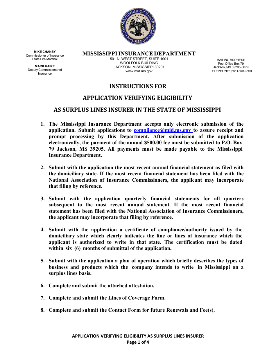 Application Verifying Eligibility as Surplus Lines Insurer in the State of Mississippi - Mississippi, Page 1