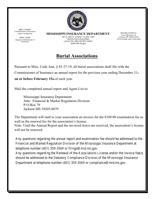 Burial Associations Annual Statement - Mississippi Download Pdf