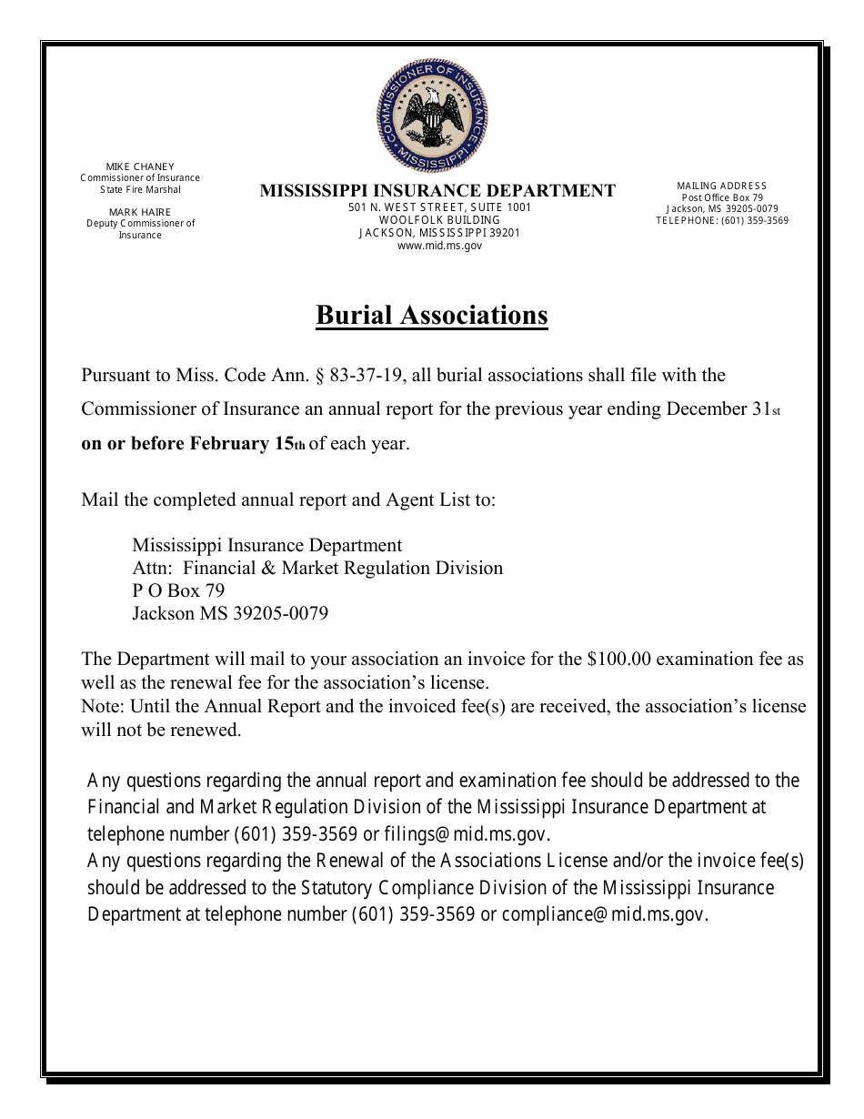 Burial Associations Annual Statement - Mississippi, Page 1