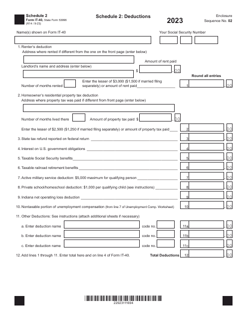 Form IT-40 (State Form 53996) Schedule 2 Deductions - Indiana, 2023