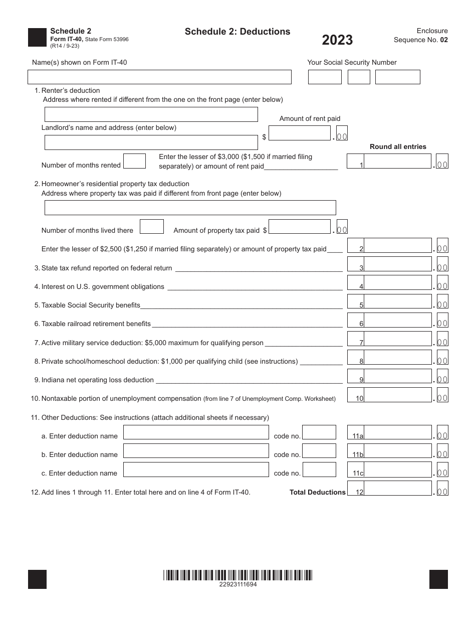 Form IT-40 (State Form 53996) Schedule 2 Deductions - Indiana, Page 1