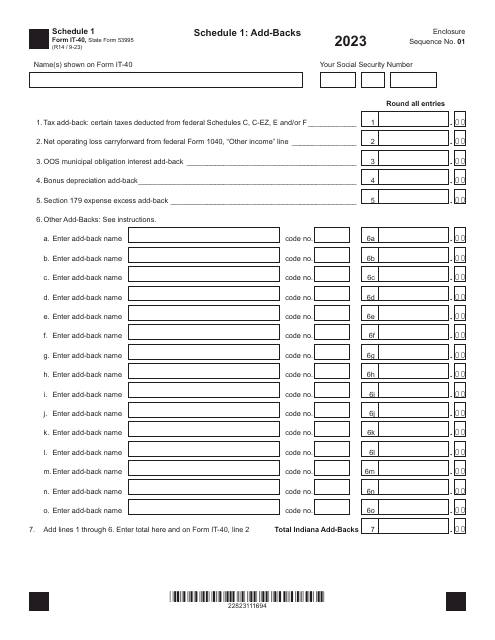 Form IT-40 (State Form 53995) Schedule 1 2023 Printable Pdf