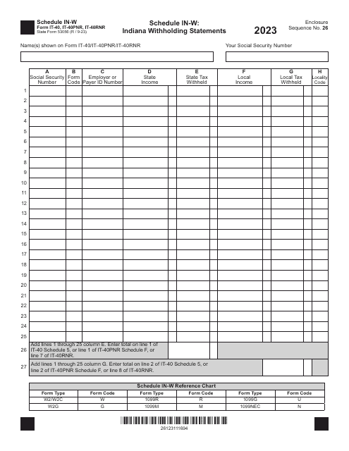 Form IT-40 (IT-40PNR; IT-40RNR; State Form 53056) Schedule IN-W Indiana Withholding Statements - Indiana, 2023